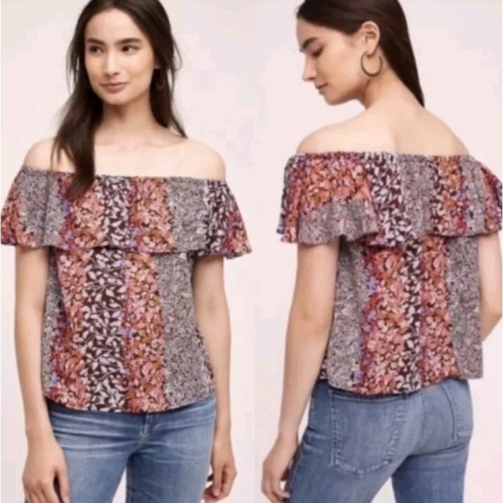 Maeve Anthropologie Floral Off Shoulder Ruffle Blouse‎ Small Burgundy Multi 39